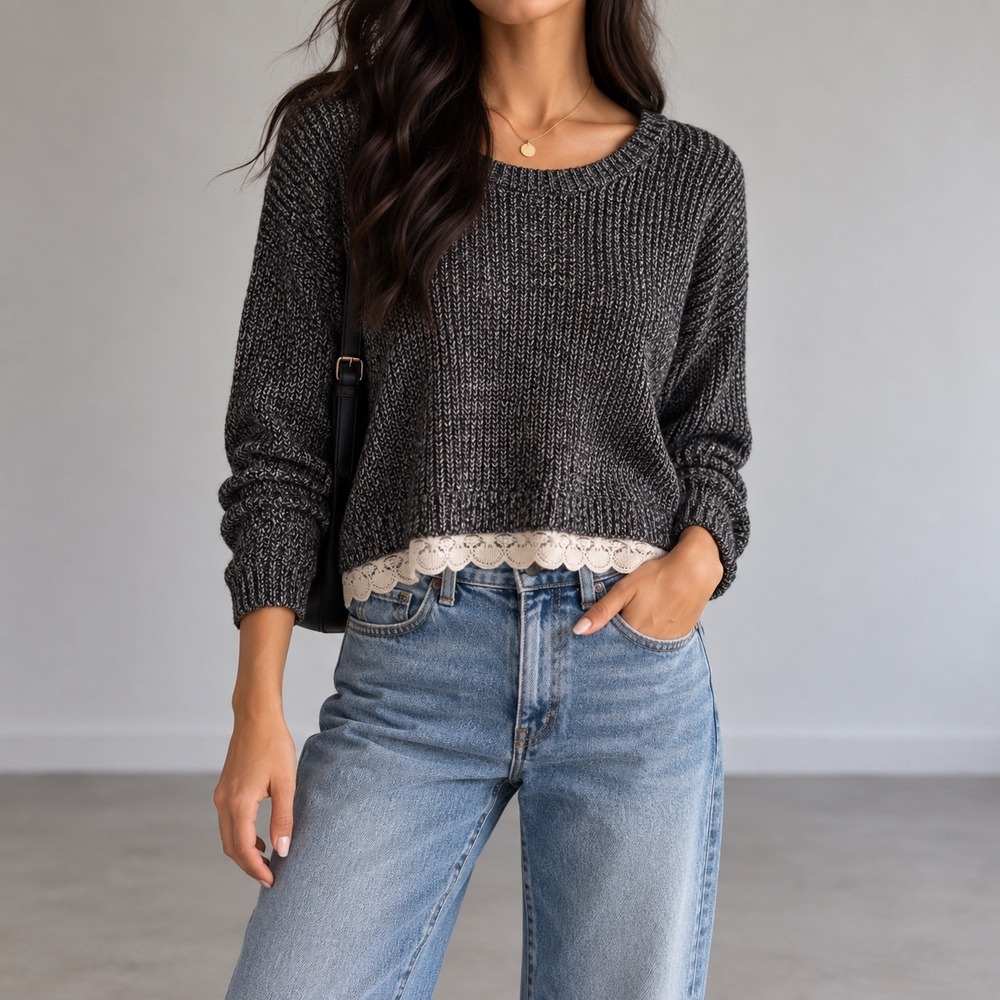 Kimchi Blue Lace Trim Cropped Sweater Womens XS Black White Marled Coquette Boho